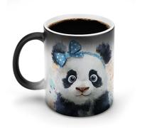 Jubonexis Taza de café de cerámica que cambia de color, diseño de oso panda que lleva un lazo azul de lunares, taza de café de cerámica novedosa y divertida, 325 ml