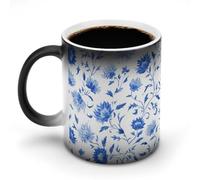Jubonexis Taza de café de cerámica que cambia de color, diseño floral de flores azul claro, taza de café novedosa divertida taza de té y agua, 325 ml