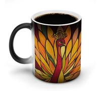 Jubonexis Taza de café de cerámica que cambia de color naranja y rojo con diseño de pavo real, diseño de vidrieras, taza de café novedosa divertida taza de té y agua, 325 ml
