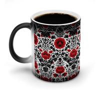 Jubonexis Taza de café de cerámica que cambia de color rojo y negro con diseño floral de arte popular ruso, taza de café novedosa divertida taza de té y agua, 325 ml