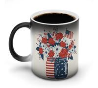 Jubonexis Taza patriótica de cerámica que cambia de color, con diseño de flor, diseño de bandera americana, taza de café de cerámica que cambia de calor, taza de té y agua, 11 onzas