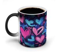 Jubonexis Tazas de café de cerámica que cambian de color azul, rosa y morado con diseño de corazones, taza de café de cerámica que cambia de calor, taza de té y agua, 325 ml