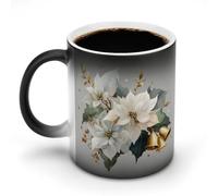 Jubonexis Tazas de café de cerámica que cambian de color, diseño de hojas de acebo con tres campanas doradas, taza de café de cerámica novedosa y divertida, 325 ml