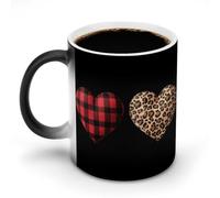 Jubonexis Tazas de cerámica que cambian de color, diseño de corazones con estampado de leopardo y estampado de cuadros, taza de café de cerámica que cambia de calor, novedosa taza de té y agua, 325 ml