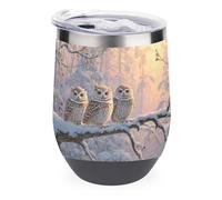 Jubonexis Three Owls on Snow-Covered Tree Branch - Vaso de vino de acero inoxidable aislado de doble pared con tapa, 12 onzas