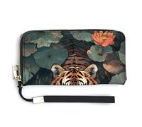 Jubonexis Tiger Hiding in The Lotus Pond - Cartera de piel sintética larga y plegable, monedero, funda para tarjetas de crédito, almacenamiento de dinero duradero para mujeres y hombres
