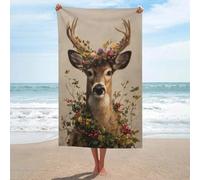 Jubonexis Toalla de playa con diseño de cabeza de ciervo con corona floral, de microfibra, sin arena, grande, multiusos, absorbente, para baño, piscina, 130 x 80 cm