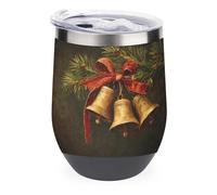 Jubonexis Tres campanas doradas en rama de pino, vaso de vino de acero inoxidable con aislamiento de doble pared con tapa, 12 onzas