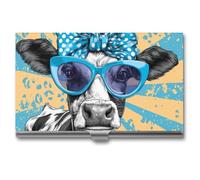 Jubonexis Vaca que lleva gafas de sol con lazo azul grande, tarjetero de visita, bolsillo delgado de metal para mujeres y hombres
