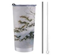 Jubonexis Vaso de viaje de 20 onzas, botella de agua con diseño de nido de pájaro en el árbol de hoja perenne, taza de café aislada al vacío de acero inoxidable con tapa de popote y cepillo de