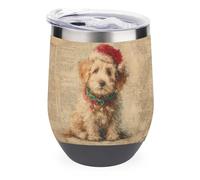 Jubonexis Vaso de vino con diseño de perro de Navidad con sombrero rojo de Papá Noel, vaso de vino de acero inoxidable, taza de agua de doble pared con tapa, 12 onzas