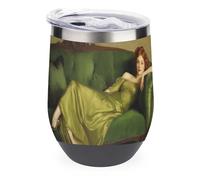 Jubonexis Vaso de vino de acero inoxidable con aislamiento de doble pared con tapa de Red Hair Woman Lying on The Green Sofa