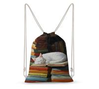 Jubonexis White Cat Sleeping on Top of An Open Book - Mochila de lona con cordón, ligera, deportiva, gimnasio, para hombres y mujeres