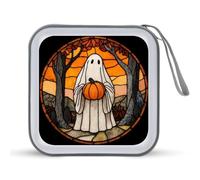 Jubonexis White Ghost Holding Halloween Pumpkin CD Case DVD Storage Case Portable for Car Home Travel