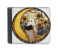 Jubonexis White Ghost Reading on Yellow Moon - Cartera plegable de piel sintética suave, monedero, funda para tarjetas de crédito, tarjetero duradero, billetera delgada para hombres y mujeres