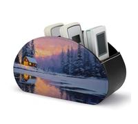 Jubonexis Winter Cabin in The Forest - Soporte para control remoto con 5 compartimentos de cuero para TV, organizador de escritorio