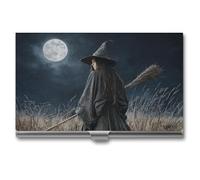 Jubonexis Witch Holding Broom Dark Fantasy - Tarjetero para tarjetas de visita de metal delgado para mujeres y hombres