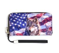 Jubonexis Wolf on The Snow - Cartera larga de piel sintética con diseño de bandera americana, monedero, funda para tarjetas de crédito, almacenamiento de dinero duradero para mujeres y hombres