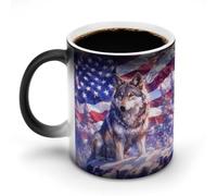 Jubonexis Wolf on The Snow - Taza de café de cerámica que cambia de color, diseño de bandera americana, taza de café novedosa divertida taza de té y agua, 11 onzas