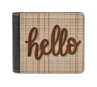 Jubonexis Word Hello in Brown - Cartera plegable de piel sintética suave vintage con letras cursivas, monedero, funda para tarjetas de crédito, tarjetero duradero, billetera delgada para hombres y