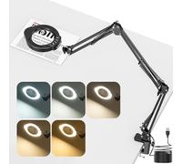 Jubor Actualizado Lupa con Luz y Soporte, 15X 10X Lámpara de Aumento con Pinza y 3 Brazos Giratorios, Lámpara de Escritorio con Modo de 5 Colores para Lectura, Reparación, Trabajo Manual