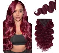 Jucames Body Wave - Extensiones de pelo humano con clip de pelo humano Remy #99J Borgoña, 120 g, 7 unidades por paquete para mujer de 24 pulgadas