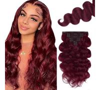 Jucames Body Wave - Extensiones de pelo humano con clip de pelo humano Remy #99J Borgoña, 120 g, 7 unidades por paquete para mujer de 28 pulgadas