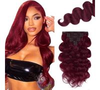 Jucames Body Wave - Extensiones de pelo humano con clip de pelo humano Remy, #99J, color burdeos, 120 g, 7 unidades por paquete para mujer de 22 pulgadas