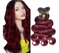 Jucames Body Wave Human Hair Extension Weave 3 Bundles Cabello Humano 100g/Per Remy Unprocessed Double Weft Ombre Black to Burgundy Color for Woman 18 20 22 Inch