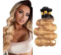 Jucames Body Wave Human Hair Extension Weave 3 Bundles Cabello Humano 100g/Per Remy Unprocessed Double Weft Ombre Black to Blonde Color for Woman 24 26 28 Inch