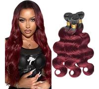 Jucames Body Wave Human Hair Extension Weave 3 Bundles Cabello Humano 100g/Per Remy Unprocessed Double Weft Ombre Black to Burgundy Color for Woman 22 24 26 Inch