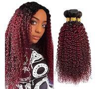 Jucames Curly Wave Human Hair Extension Weave 3 Bundles Cabello Humano 100g/Per Remy Unprocessed Double Weft Ombre Black to Burgundy Color for Woman 26 28 30 Inch