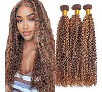Jucames Curly Wave Human Hair Extension Weave 3 Bundles Cabello Humano 100g/Per Remy Unprocessed Double Weft Highlight Brown Color for Woman 22 24 26 Inch