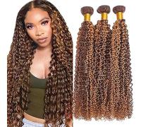 Jucames Curly Wave Human Hair Extension Weave 3 Bundles Cabello Humano 100g/Per Remy Unprocessed Double Weft Highlight Brown Color for Woman 28 30 32 Inch