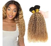 Jucames Curly Wave Human Hair Extension Weave 3 Bundles Cabello Humano 100g/Per Remy Unprocessed Double Weft Ombre Black to Blonde Color for Woman 26 28 30 Inch