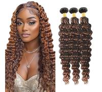 Jucames Deep Wave Human Hair Extension Weave 3 Bundles Cabello Humano 100g/Per Remy Unprocessed Double Weft Highlight Brown Color for Woman 18 20 22 Inch