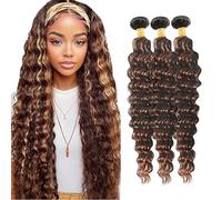 Jucames Deep Wave Human Hair Extension Weave 3 Bundles Cabello Humano 100g/Per Remy Unprocessed Double Weft Highlight Brown Color for Woman 30 32 34 Inch