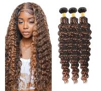 Jucames Deep Wave Human Hair Extension Weave 3 Bundles Cabello Humano 100g/Per Remy Unprocessed Double Weft Highlight Brown Color for Woman 16 18 20 Inch