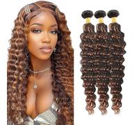 Jucames Deep Wave Human Hair Extension Weave 3 Bundles Cabello Humano 100g/Per Remy Unprocessed Double Weft Highlight Brown Color for Woman 28 30 32 Inch