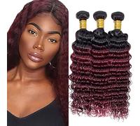 Jucames Deep Wave Human Hair Extension Weave 3 Bundles Cabello Humano Remy Double Weft Color 2 Tones Ombre Black to Burgundy Color 16 18 20 Inch
