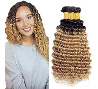 Jucames Deep Wave Human Hair Extension Weave 3 Bundles Cabello Humano Remy Double Weft Color 2 Tones Ombre Black to Blonde Color 18 20 22 Inch
