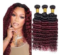 Jucames Deep Wave Human Hair Extension Weave 3 Bundles Cabello Humano Remy Double Weft Color 2 Tones Ombre Black to Burgundy Color 26 28 30 Inch