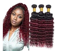 Jucames Deep Wave Human Hair Extension Weave 3 Bundles Cabello Humano Remy Double Weft Color 2 Tones Ombre Black to Burgundy Color 24 26 28 Inch