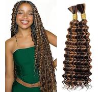 Jucames Deep Wave Human Hair for Braiding Weave Cabello Humano Extensions Natural No Weft Knotless 2 Braids Per Pack Color Highlight Brown 24 24 Inch