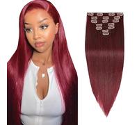 Jucames Extensiones de pelo humano Remy con clip recto, extensiones de pelo humano #99J Borgoña, 120 g, 7 unidades por paquete para mujer 20 pulgadas