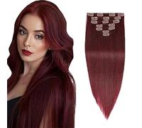 Jucames Extensiones de pelo humano Remy con clip recto, extensiones de pelo humano, #99J Borgoña, 120 g, 7 unidades por paquete para mujer de 12 pulgadas