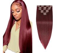 Jucames Extensiones de pelo humano Remy con clip recto, extensiones de pelo humano, #99J Borgoña, 120 g, 7 unidades por paquete para mujer de 24 pulgadas