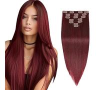 Jucames Extensiones de pelo humano Remy con clip recto, extensiones de pelo humano, #99J Borgoña, 120 g, 7 unidades por paquete para mujer de 22 pulgadas