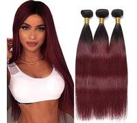 Jucames Straight Human Hair Extension Weave 3 Bundles Cabello Humano 100g/Per Remy Unprocessed Double Weft Ombre Black to Burgundy Color for Woman 22 24 26 Inch