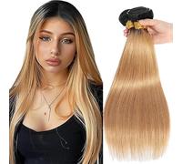 Jucames Straight Human Hair Extension Weave 3 Bundles Cabello Humano 100g/Per Remy Unprocessed Double Weft Ombre Black to Blonde Color for Woman 28 30 32 Inch
